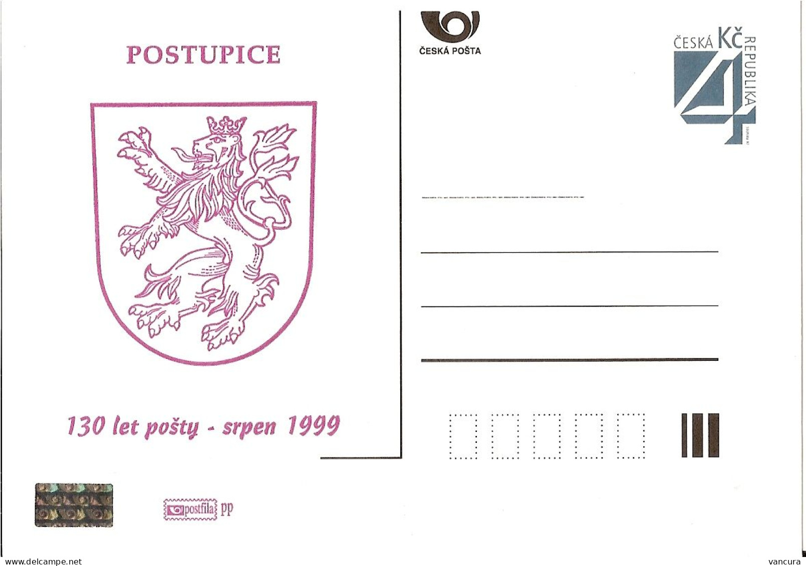 CDV B 175 Czech Republic Postupice Coat Of Arms 1999 Heraldic Lion - Postkaarten