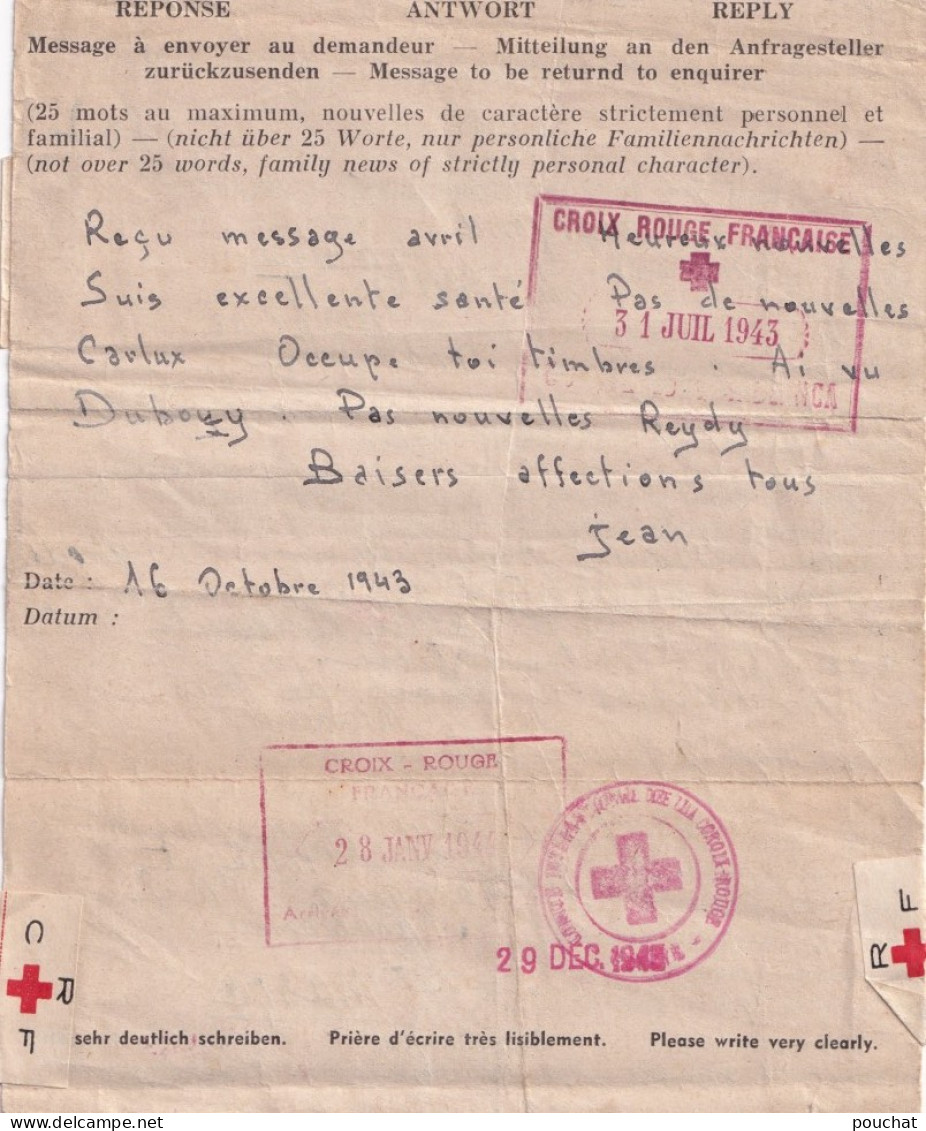 LETTRE MESSAGE CROIX ROUGE FRANCAISE - DELEGATION DU MAROC - CASABLANCA - BERGERAC - 8/6/1943 - TAMPON - 2 SCANS  - Red Cross