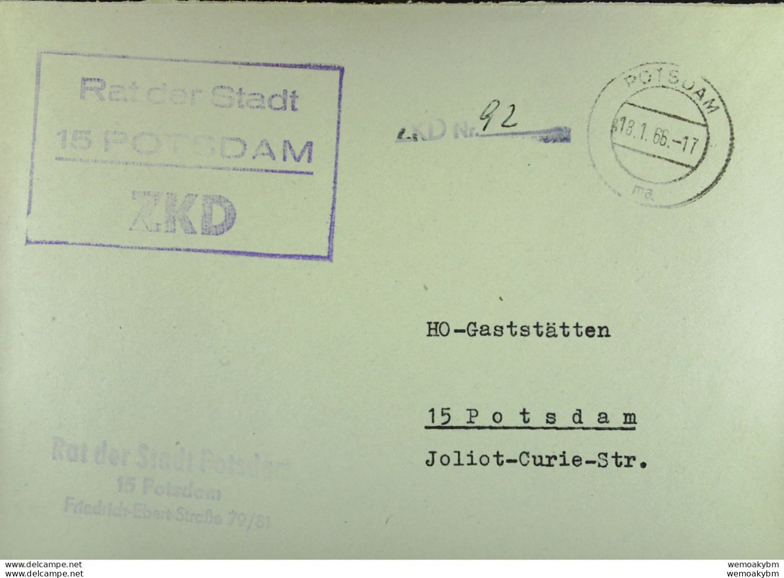 Orts-Brief Mit ZKD-Kastenstempel "Rat Der Stadt 15 Potsdam" Vom 18.1.66 An HO Gaststätten - Service Central De Courrier