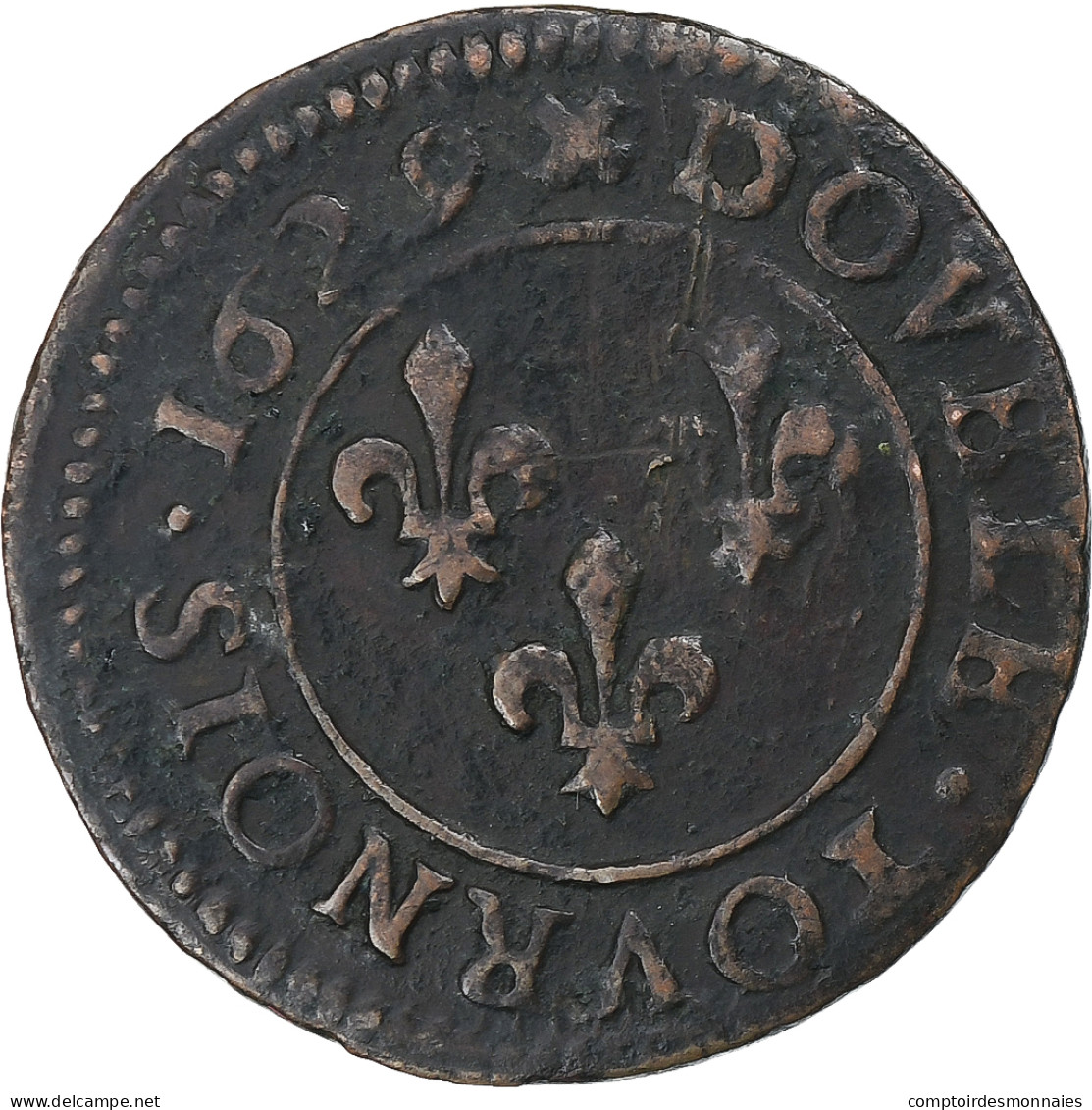 France, Louis XIII, Double Tournois, 1629, Lyon, Cuivre, TTB, Gadoury:8 - 1610-1643 Lodewijk XIII Van Frankrijk De Rechtvaardige