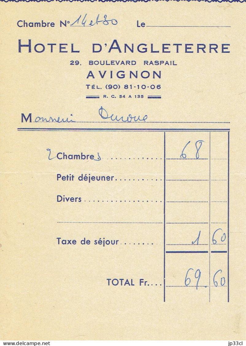 Ancienne Facture De L'Hôtel D'Angleterre à Avignon, 1964 - 1950 - ...