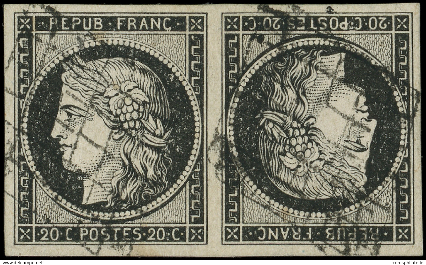 EMISSION DE 1849 - T3e  20c. Noir S. Blanc, TETE-BECHE Obl. GRILLE Légère, Superbe - 1849-1850 Ceres