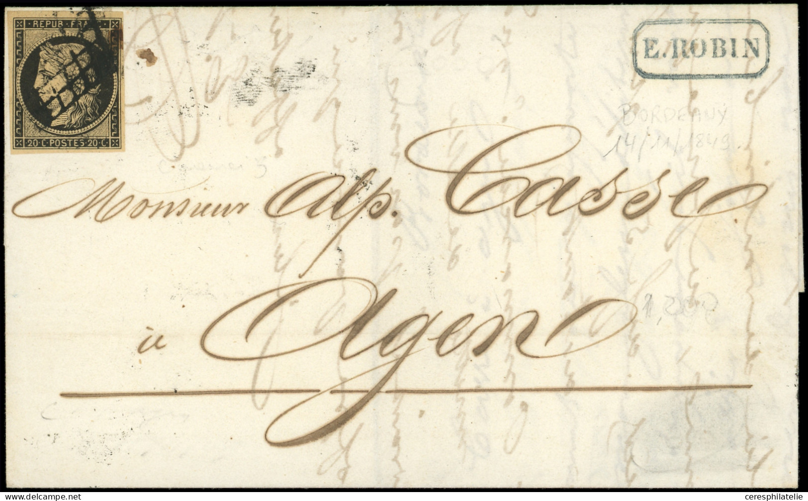 Let EMISSION DE 1849 - 3b   20c. Noir Sur CHAMOIS Obl. GRILLE S. LAC De Bordeaux 14/11/49, TB - 1849-1876: Période Classique