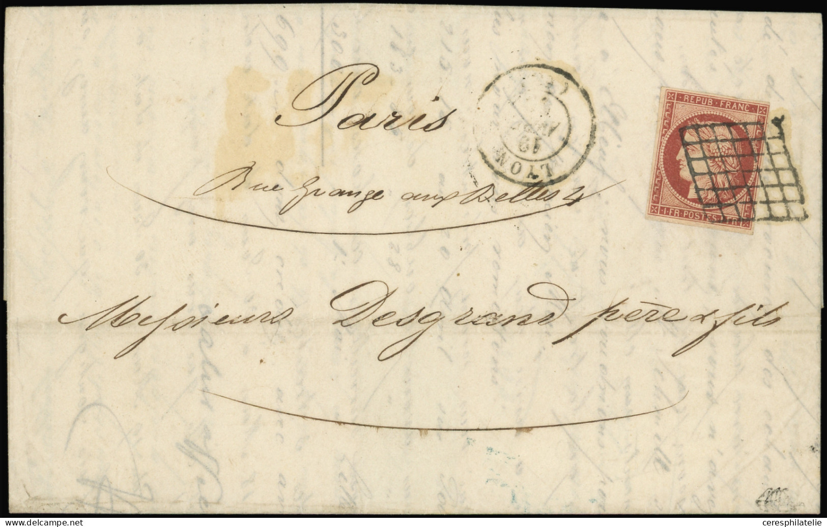 Let EMISSION DE 1849 - 6A    1f. ROUGE-BRUN, Obl. GRILLE S. LAC, Càd T15 LYON 19/4/50, Jolie Nuance, TTB, Certif. JF Bru - 1849-1876: Classic Period