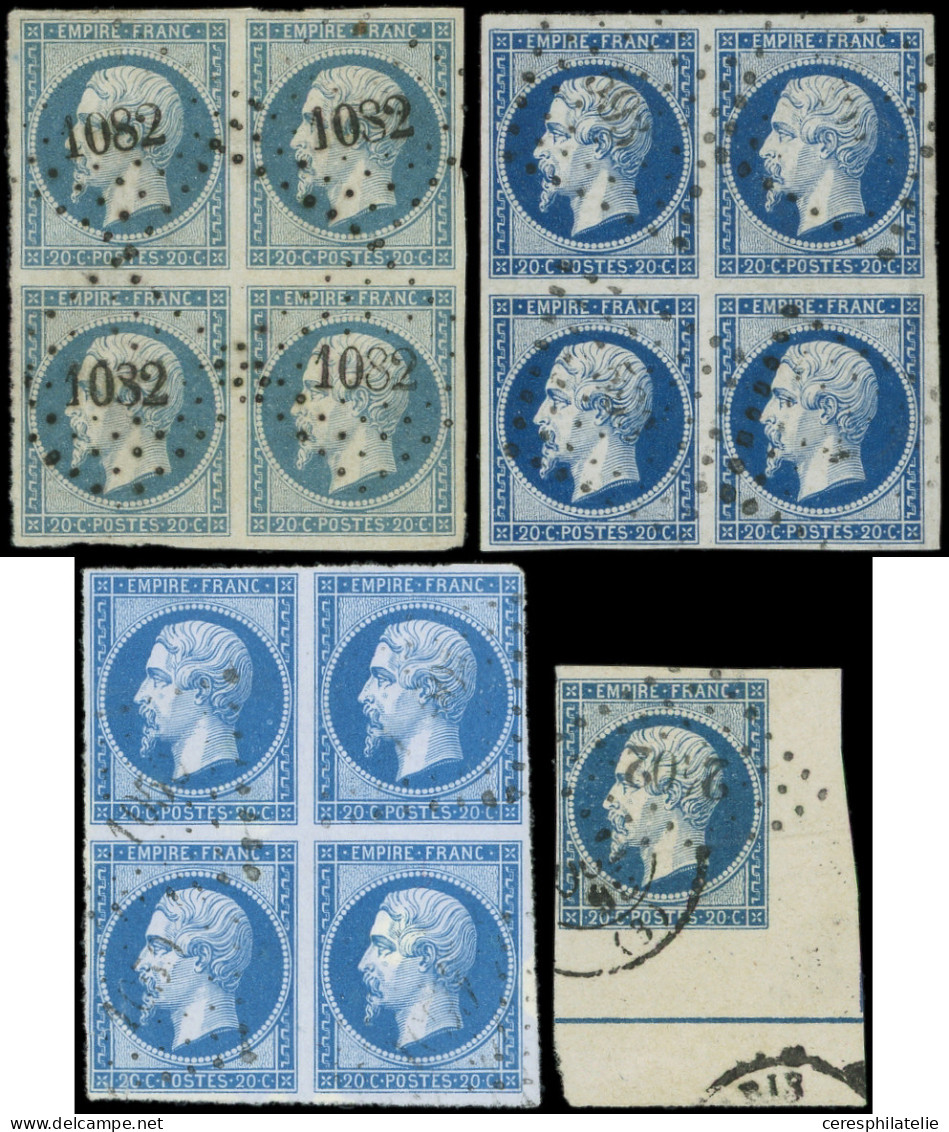 EMPIRE NON DENTELE - 14A, 14Aa Et 14B, 20c. Bleu, T I, 20c. Bleu Foncé T I Et 20c. Bleu T II (pli), 3 Blocs De 4 Obl. PC - 1853-1860 Napoleone III