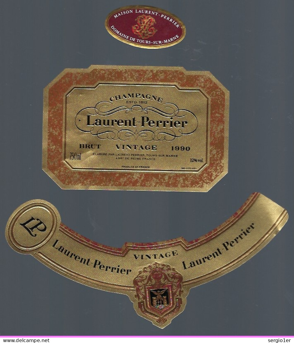 Etiquette Champagne Brut Vintage 1990 Laurent Perrier Tours Sur Marne  Marne 51 Avec Sa Collerette - Champagne