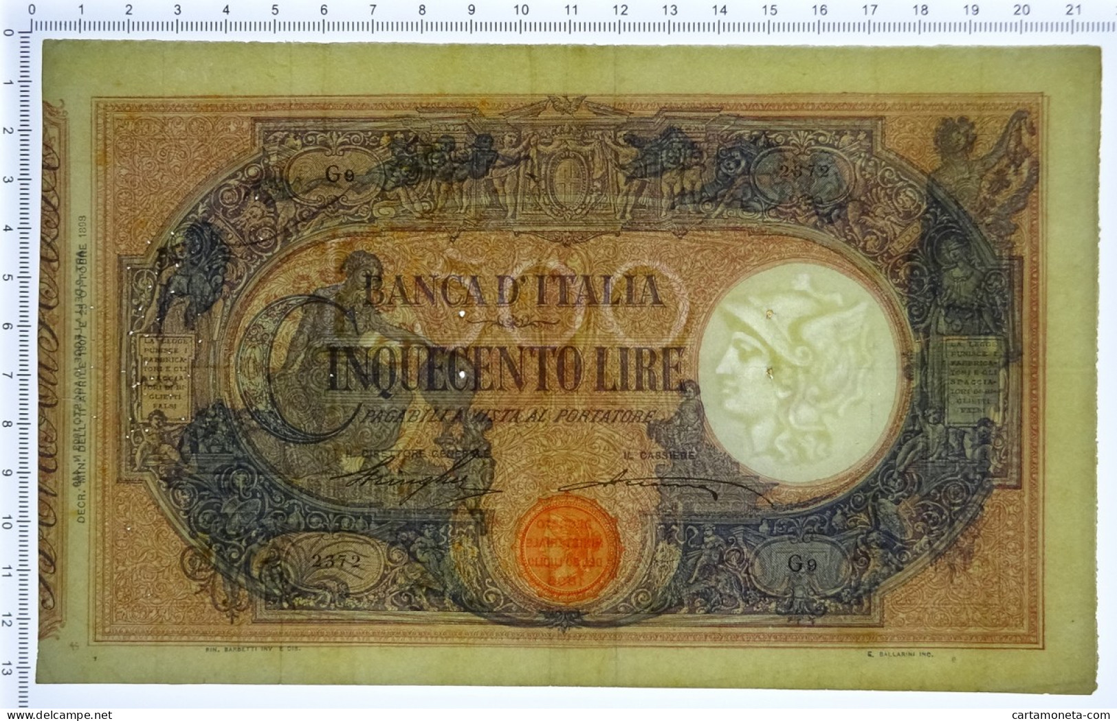 500 LIRE BARBETTI GRANDE C MATRICE LATERALE TESTINA DECRETO 11/04/1907 BB/BB+ - Regno D'Italia – Other