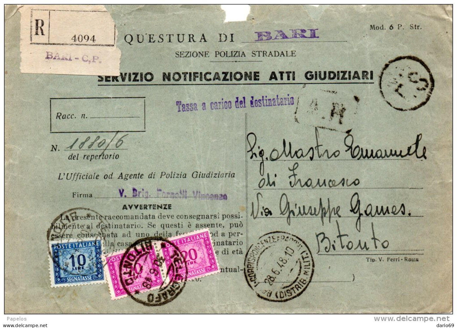 1948 LETTERA  CON ANNULLO BITONTO - Impuestos