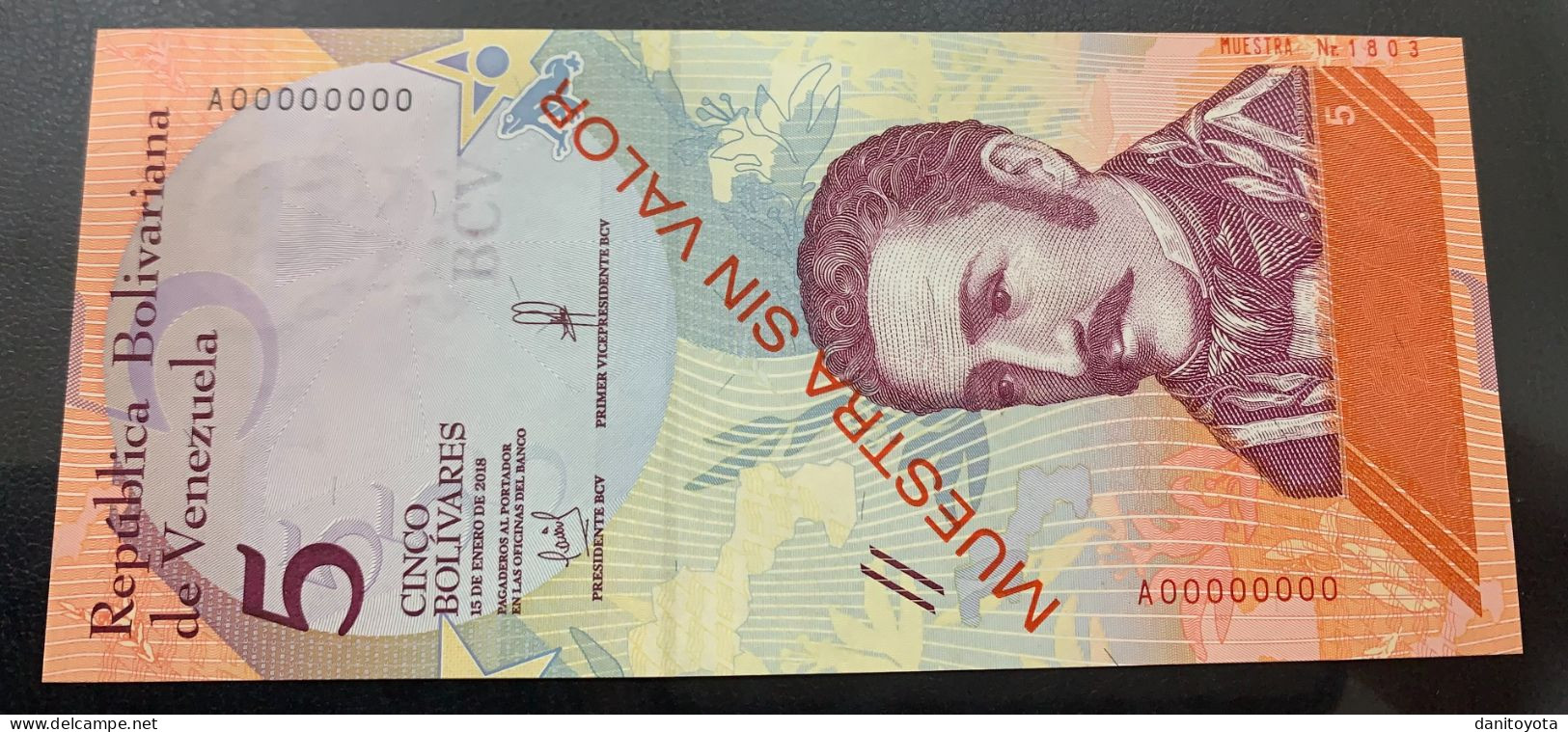 VENEZUELA. 5 BOLIVARES 15 ENERO 2018. SOBRECARGA "MUESTRA SIN VALOR" - Venezuela