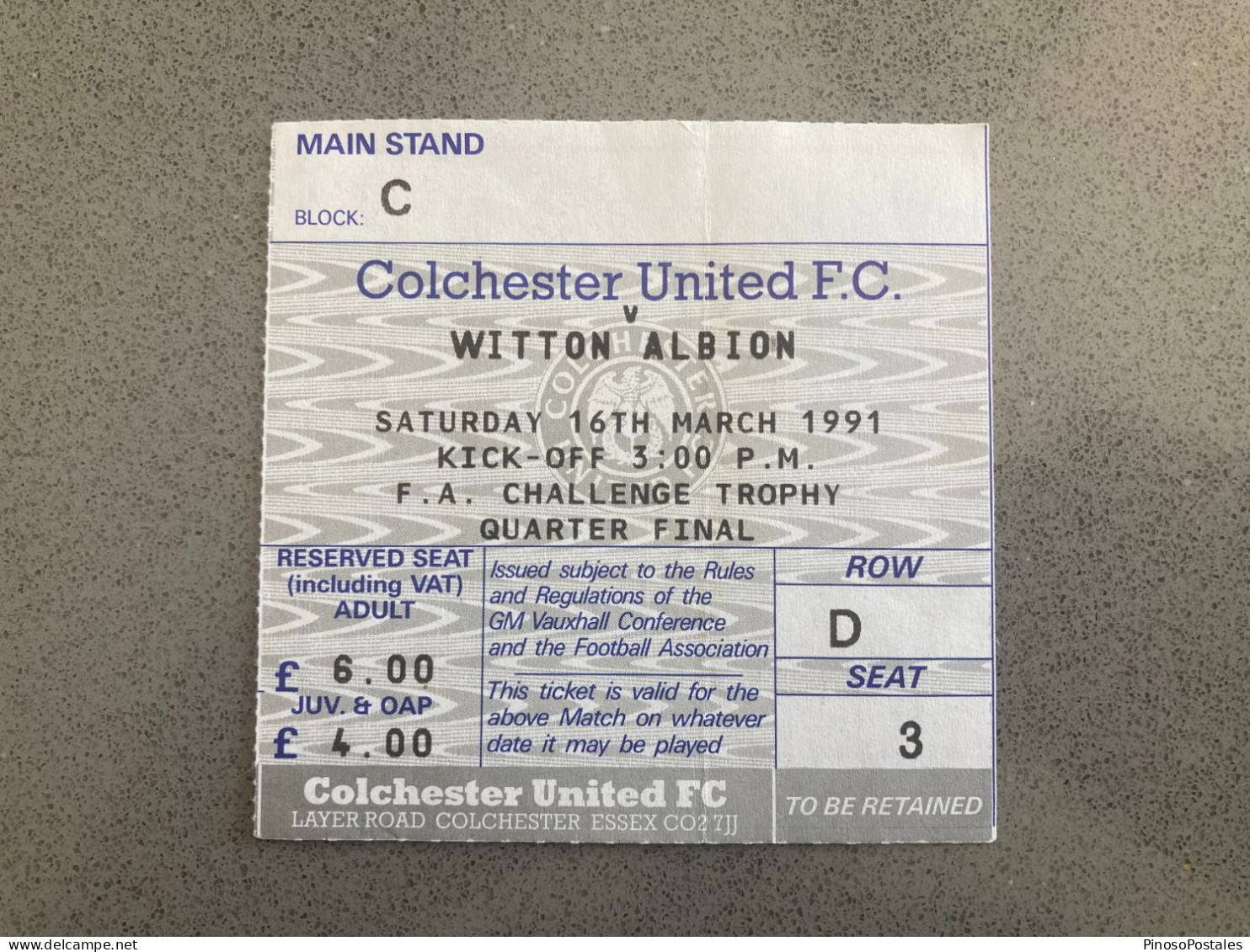 Colchester United V Witton Albion 1990-91 Match Ticket - Eintrittskarten