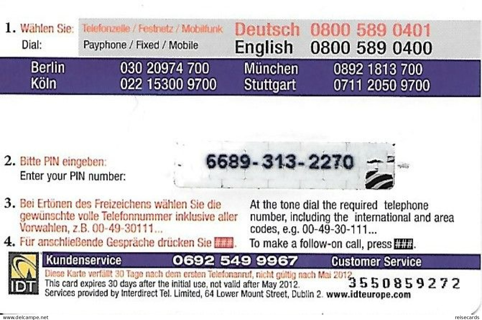 Germany: Prepaid IDT Call Point - [2] Mobile Phones, Refills And Prepaid Cards