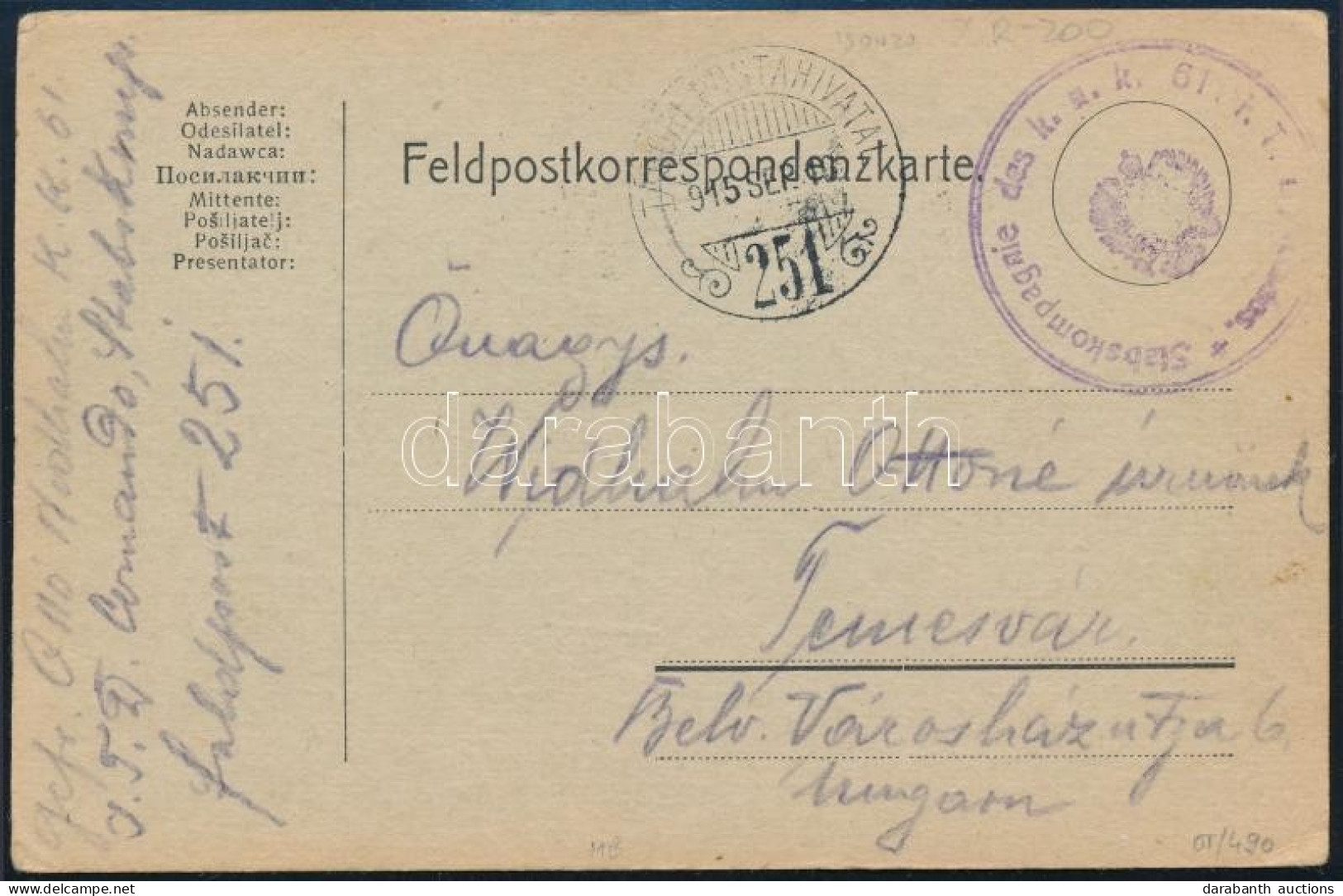 1915 Tábori Posta Levelezőlap / Field Postcard "Stabskompagnie Des K.u.k. 61. I.T.D." + "TP 251" - Autres & Non Classés