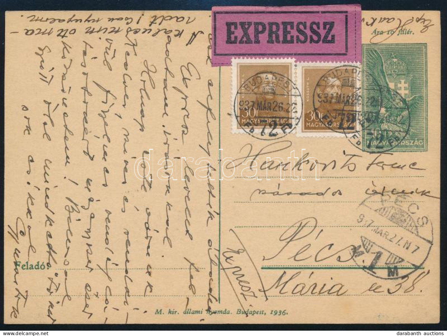 1937 Expressz Díjjegyes Levelezőlap 2 Bélyeges Kiegészítéssel / Express PS-card With Additional Franking - Andere & Zonder Classificatie