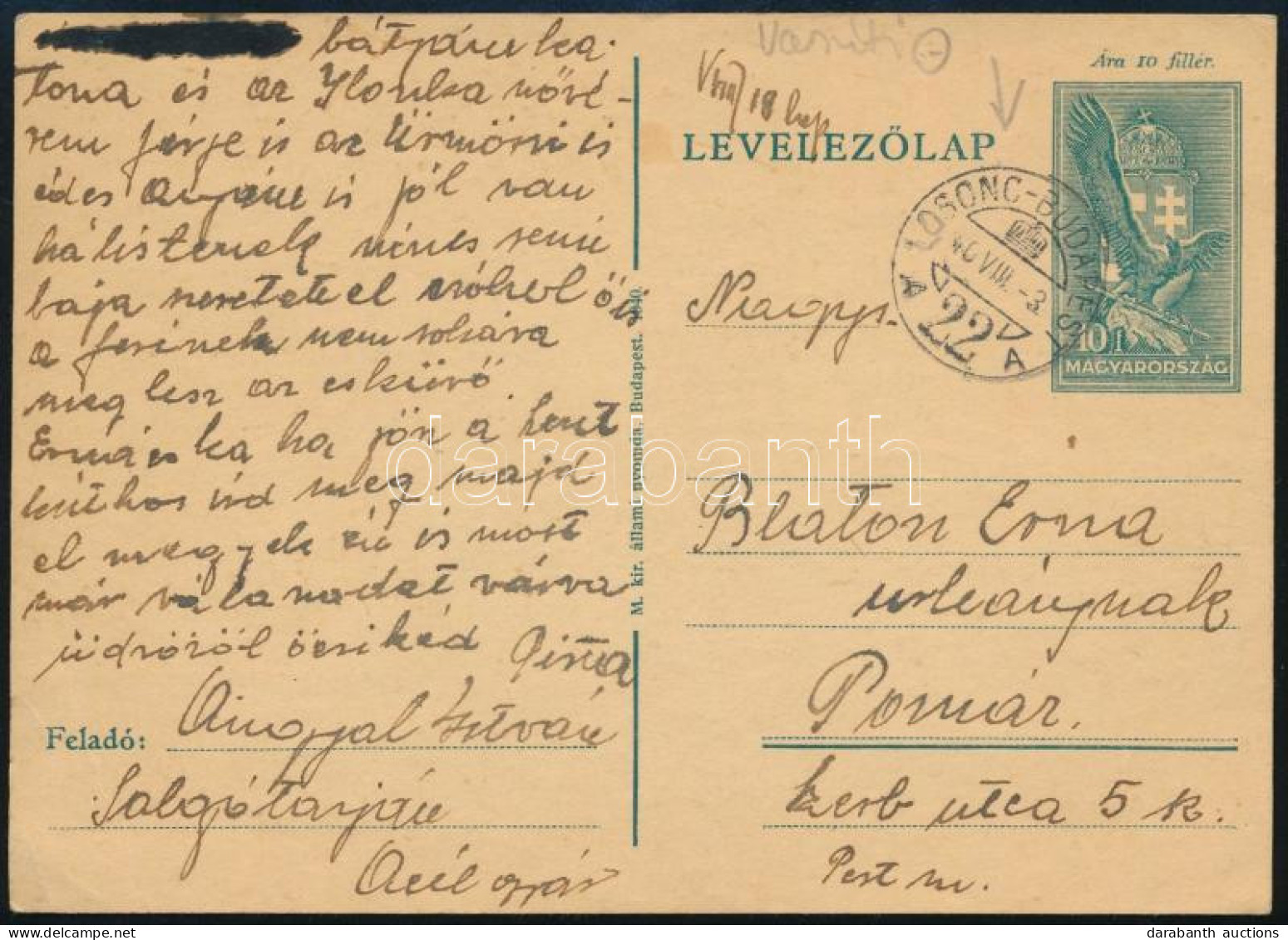 1940 10f Díjjegyes Levelezőlap "LOSONC-BUDAPEST" Vasúti Mozgóposta Bélyegzéssel - Autres & Non Classés