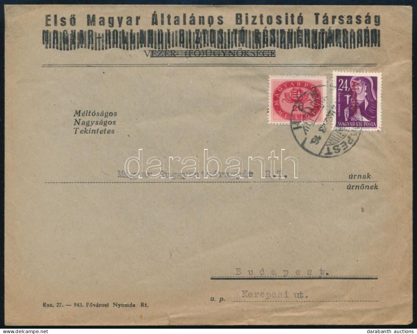 1946 (16. Díjszabás) Céges Helyi Levél Ajánlás/24f + Milliós 20 Millió P Vegyes Bérmentesítéssel "BUDAPEST" Két érkezési - Other & Unclassified