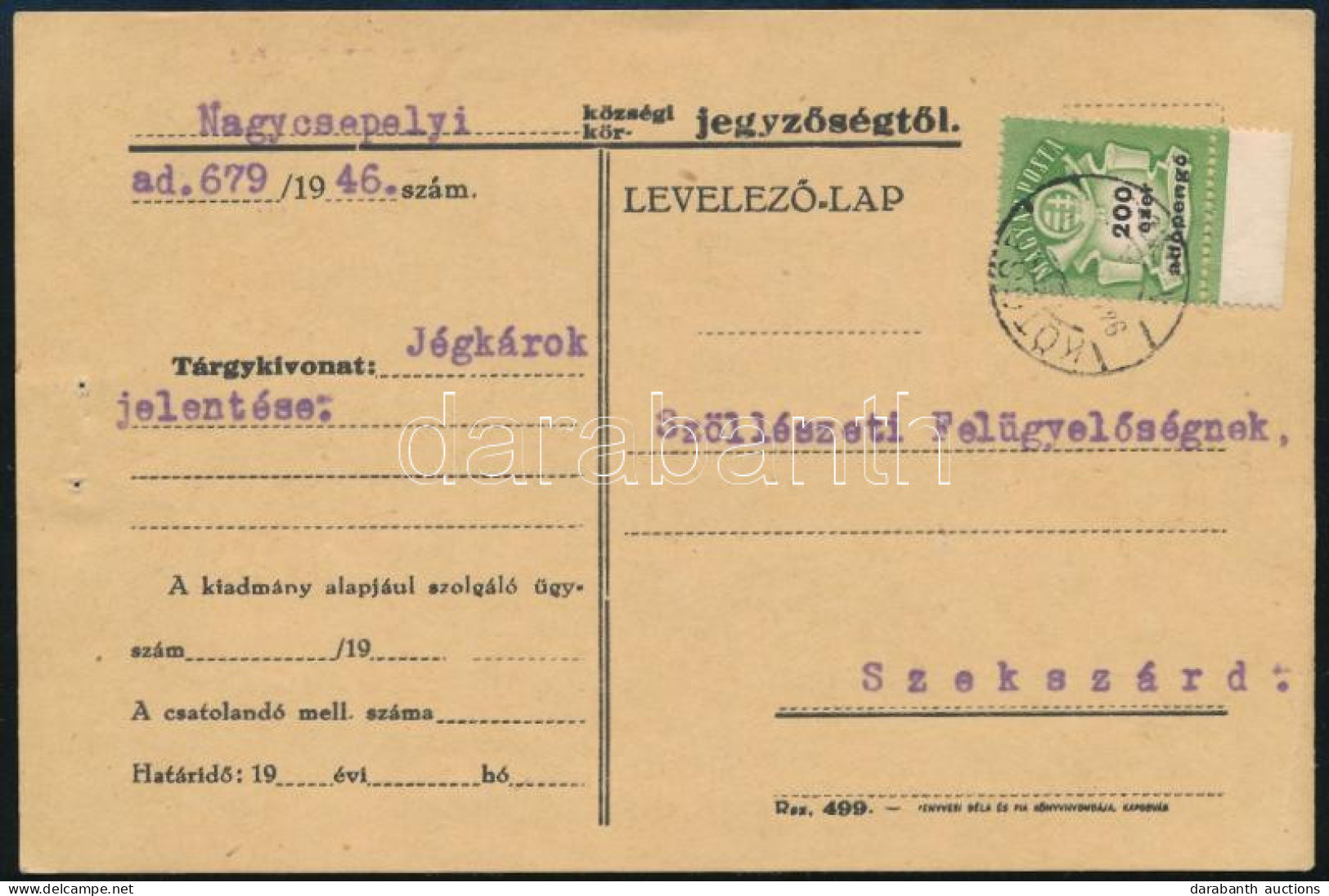 1946 (27. Díjszabás) Távolsági Levelezőlap 200ezer Adópengő Bérmentesítéssel "KÖTCSE" - Szekszárd - Sonstige & Ohne Zuordnung