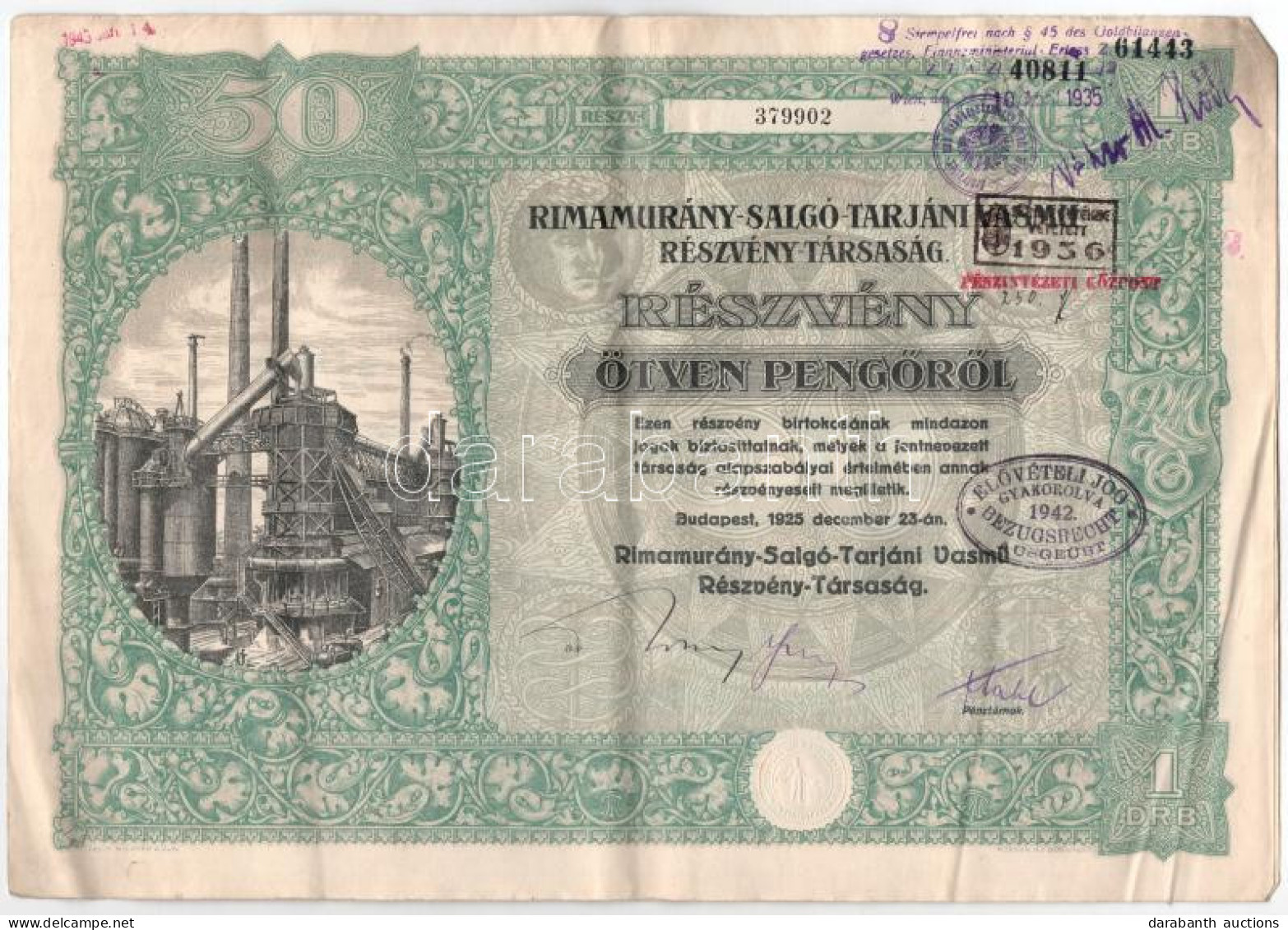 Budapest 1925. "Rimamurány-Salgó-Tarjáni Vasmű Részvény-Társaság" Részvénye 50P-ről, Szárazpecséttel, Bélyegzésekkel, Sz - Ohne Zuordnung