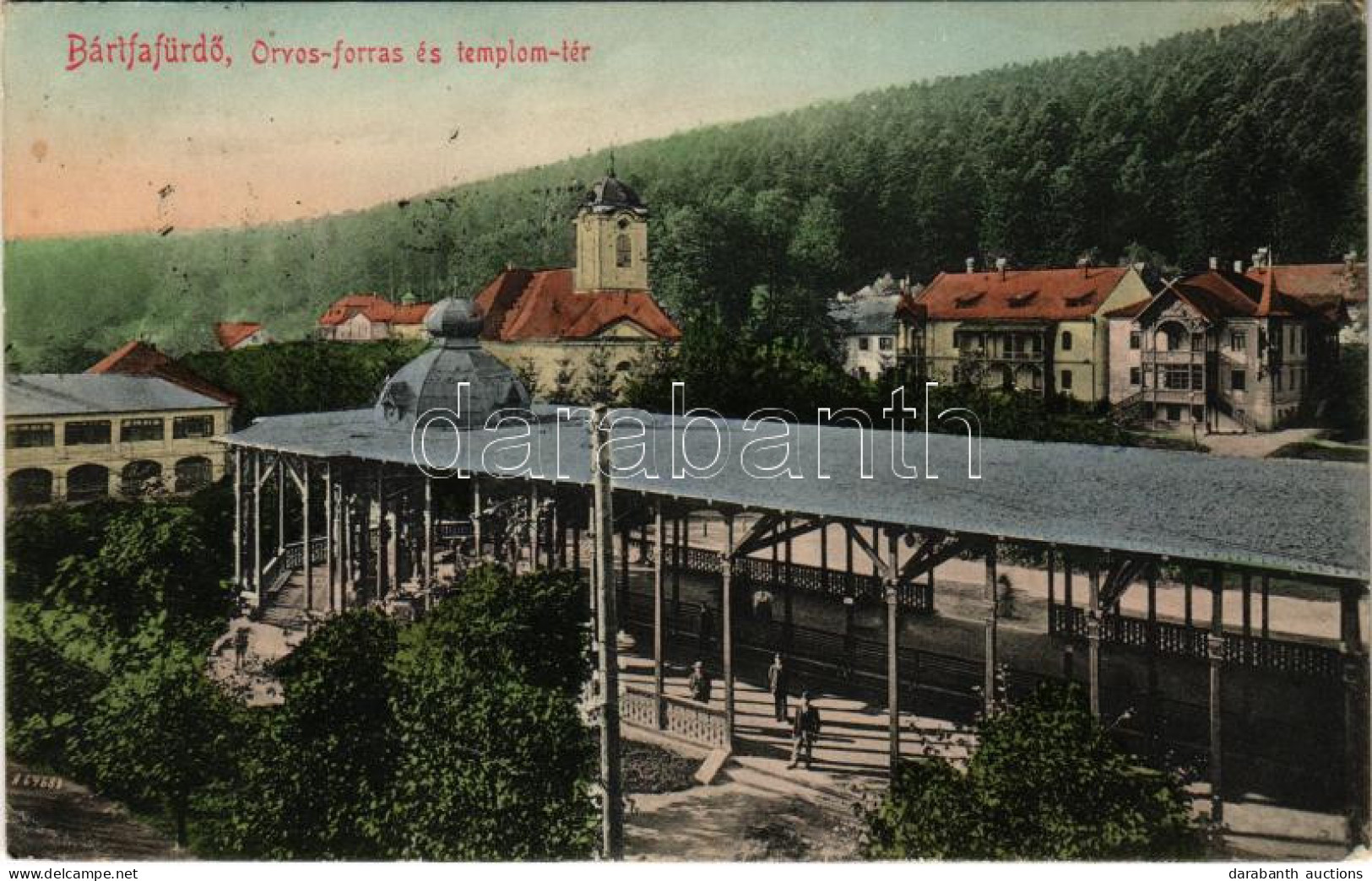 T3 1911 Bártfafürdő, Bardejovské Kúpele, Bardiov, Bardejov; Orvos-forrás és Templom Tér. Eschwig és Hajts Kiadása. Hajts - Zonder Classificatie