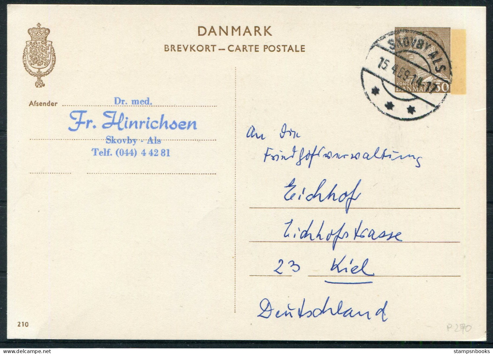 1969 Denmark 50ore Stationery Postcard (210) Skovby Als - Friedhof Eichhof Cemetery Kiel Germany - Covers & Documents