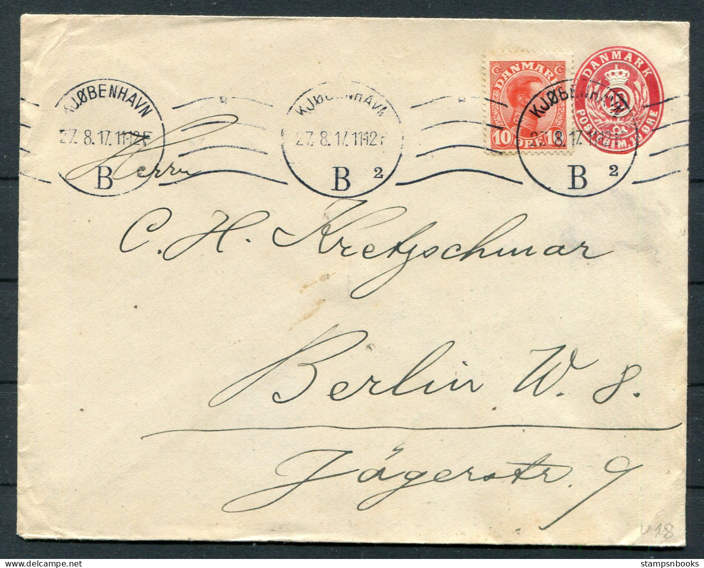 1917 Denmark Uprated 10ore Stationery Cover Copenhagen - Berlin Germany - Brieven En Documenten