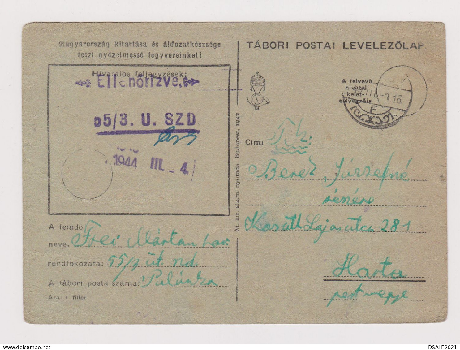 Hungary Ungarn Ww2-1944 Censored Military Field Card, TÁBORI POSTAI LEVELEZŐLAP, TÁBORI POSTAHIVATAL (629) - Postwaardestukken