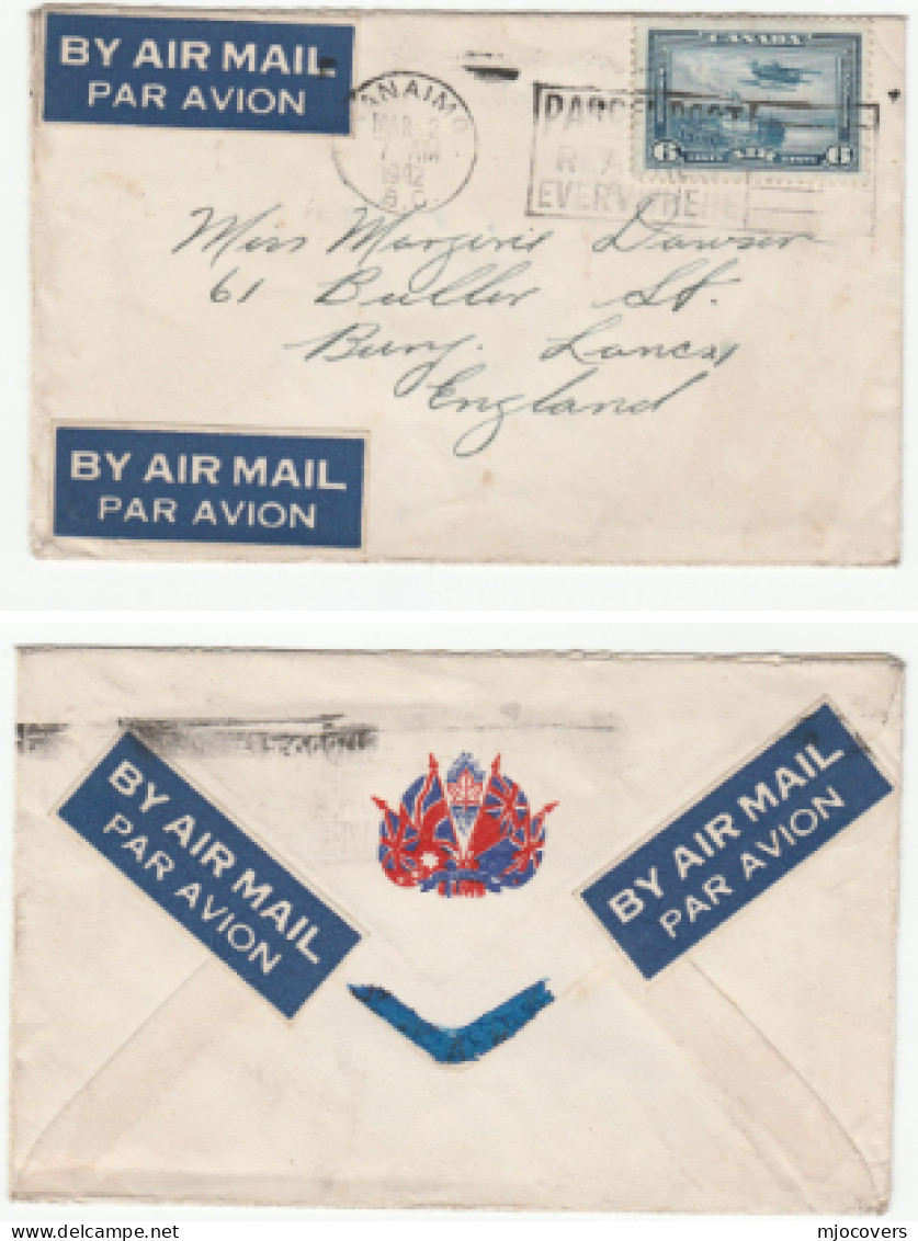 1944  COVER  4  Airmail Labels ,  Emblem  On The Back  (military?) CANADA Air Mail Nanaimo To GB Stamps Flag - Briefe U. Dokumente