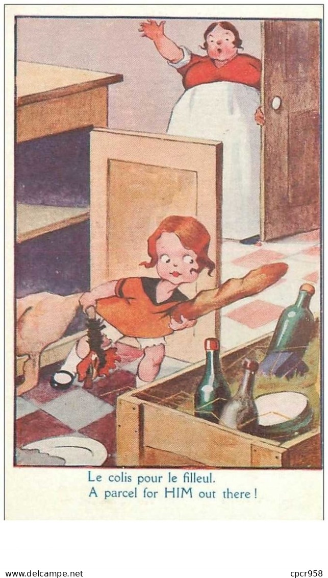 ILLUSTRATEURS.n°23680.LE COLIS POUR LE FILLEUL.ENFANT VOLANT DU PAIN ET UN POULET - Vor 1900