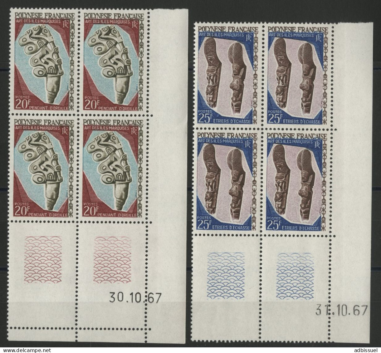 POLYNESIE N° 54 + 56 2 Blocs De Quatre Neufs ** (MNH) Avec Coin Daté 30/10/67 Et 31/10/67 TB - Unused Stamps