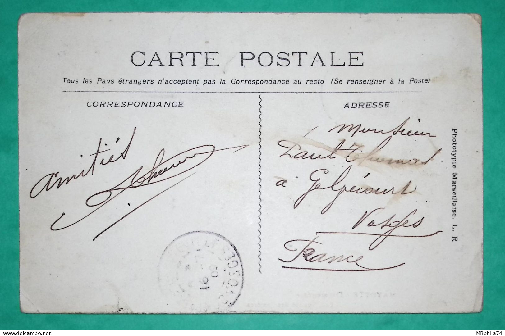 5C TYPE GROUPE MADAGASCAR ET DEPENDANCES CARTE POSTALE DZAOUDZI MAYOTTE POUR GELVECOURT VOSGES 1909 COVER FRANCE - Covers & Documents