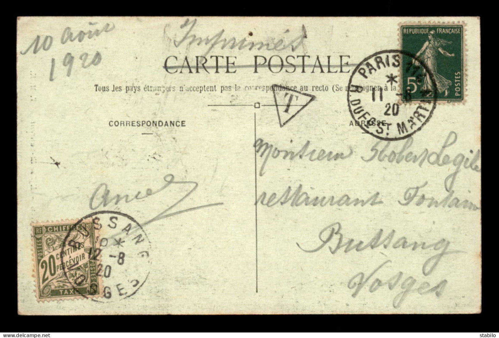 CARTE DE PARIS ENVOYEE A BUSSANG (VOSGES), TAXEE AVEC UN TIMBRE A 20 CENTIMES LE 12.08.1920 - 1960-.... Covers & Documents