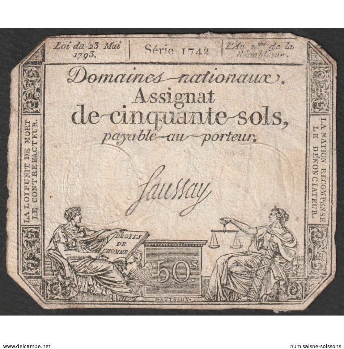 ASSIGNAT DE 50 SOLS - 23/05/1793 - DOMAINES NATIONAUX - SERIE 1742 - TTB - Assignate