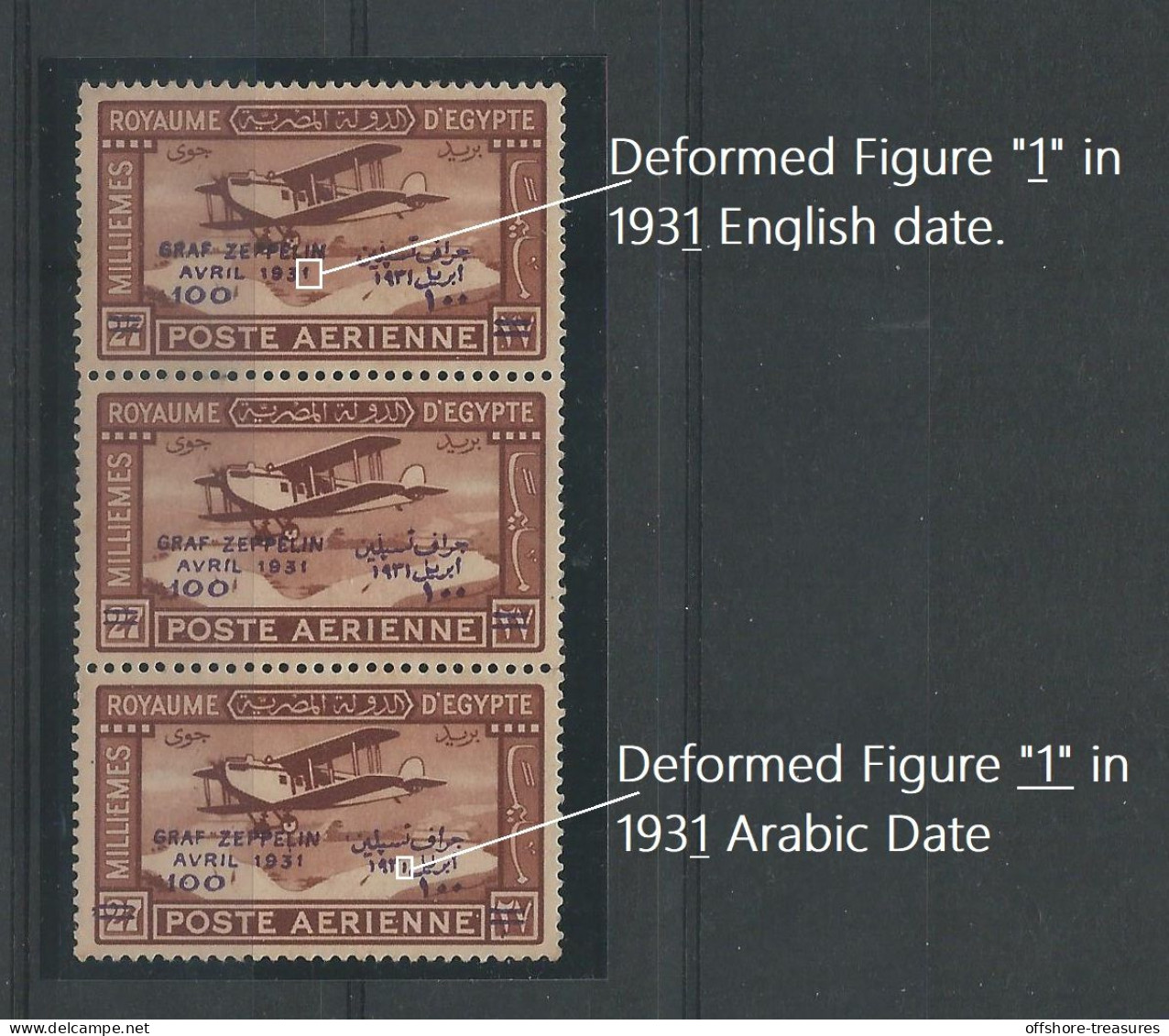 EGYPT 1931 Stamp 100m On 27m Airmail 3 Stamp Strip Deformed GRAF ZEPPELIN SG186 MNH Air Mail Issue - Neufs