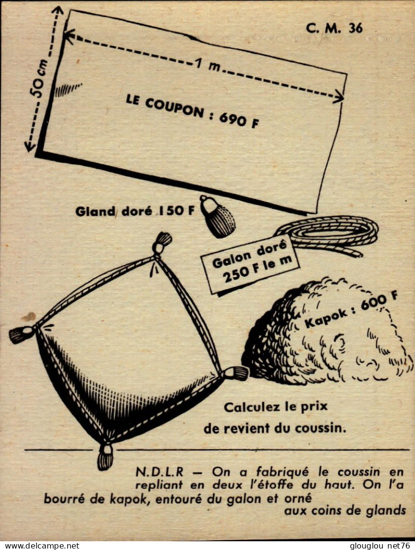 FICHE 13,5/10,5 CM.. Calculez Le Prix De Revient Du Coussin..MATHEMATIQUE....DOS VIERGE - Other & Unclassified