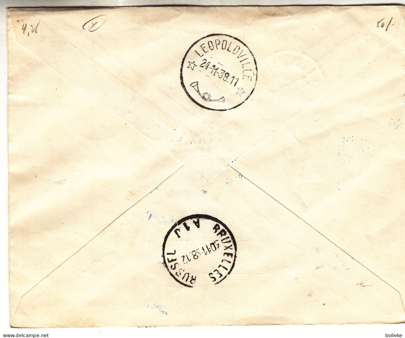 Belgique - Lettre De 1938 - GF - Oblit Bruxelles - 100 Ième Vol Belgique Congo - Cachet De Léopoldville - - Briefe U. Dokumente