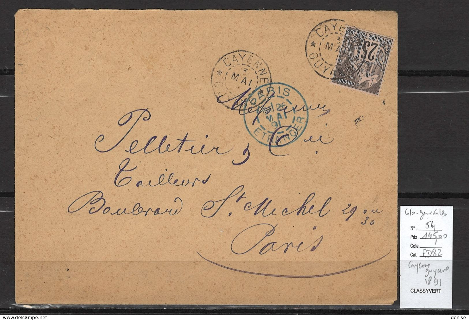 Guyane - Cayenne - Yvert 54 - Alphée Dubois  25 Cts Pour Paris - 1891 - Alphée Dubois