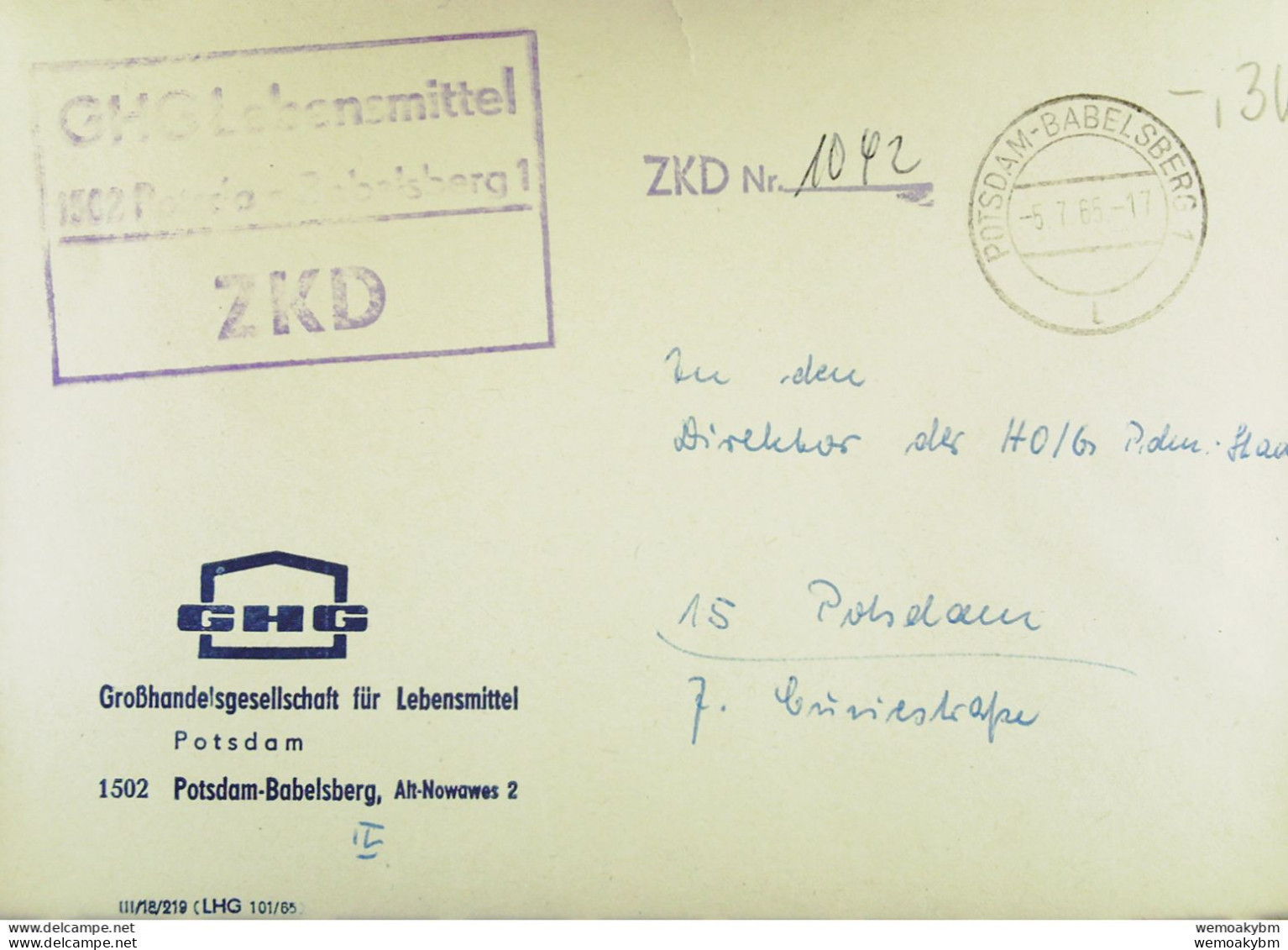 Orts-Brief Mit ZKD-Kastenstempel "GHG Lebensmittel 1502 POTSDAM-Babelsberg1" Vom 5.7.65 An Direktor Der HO/G - Service Central De Courrier