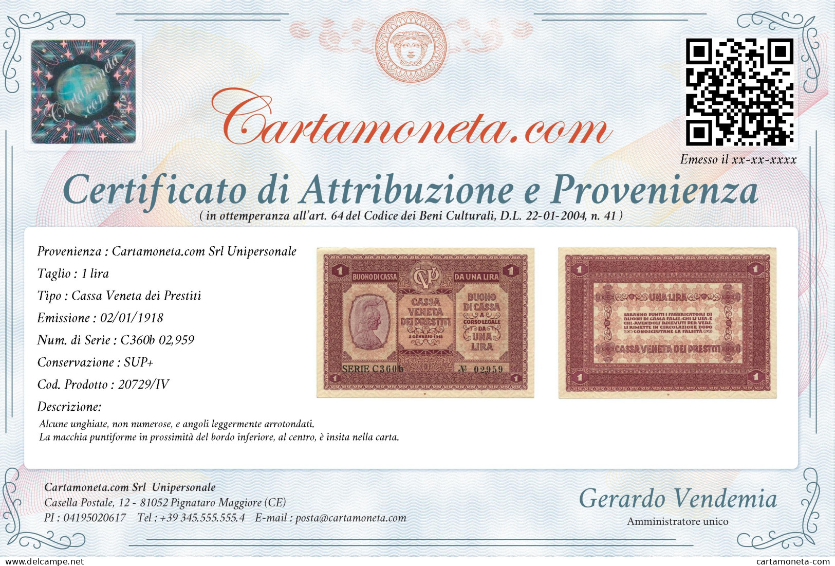 1 LIRA CASSA VENETA DEI PRESTITI OCCUPAZIONE AUSTRIACA 02/01/1918 SUP+ - Occupation Autrichienne De Venezia