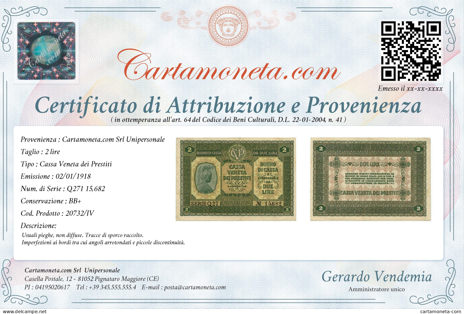 2 LIRE CASSA VENETA DEI PRESTITI OCCUPAZIONE AUSTRIACA 02/01/1918 BB+ - Ocupación Austriaca De Venecia