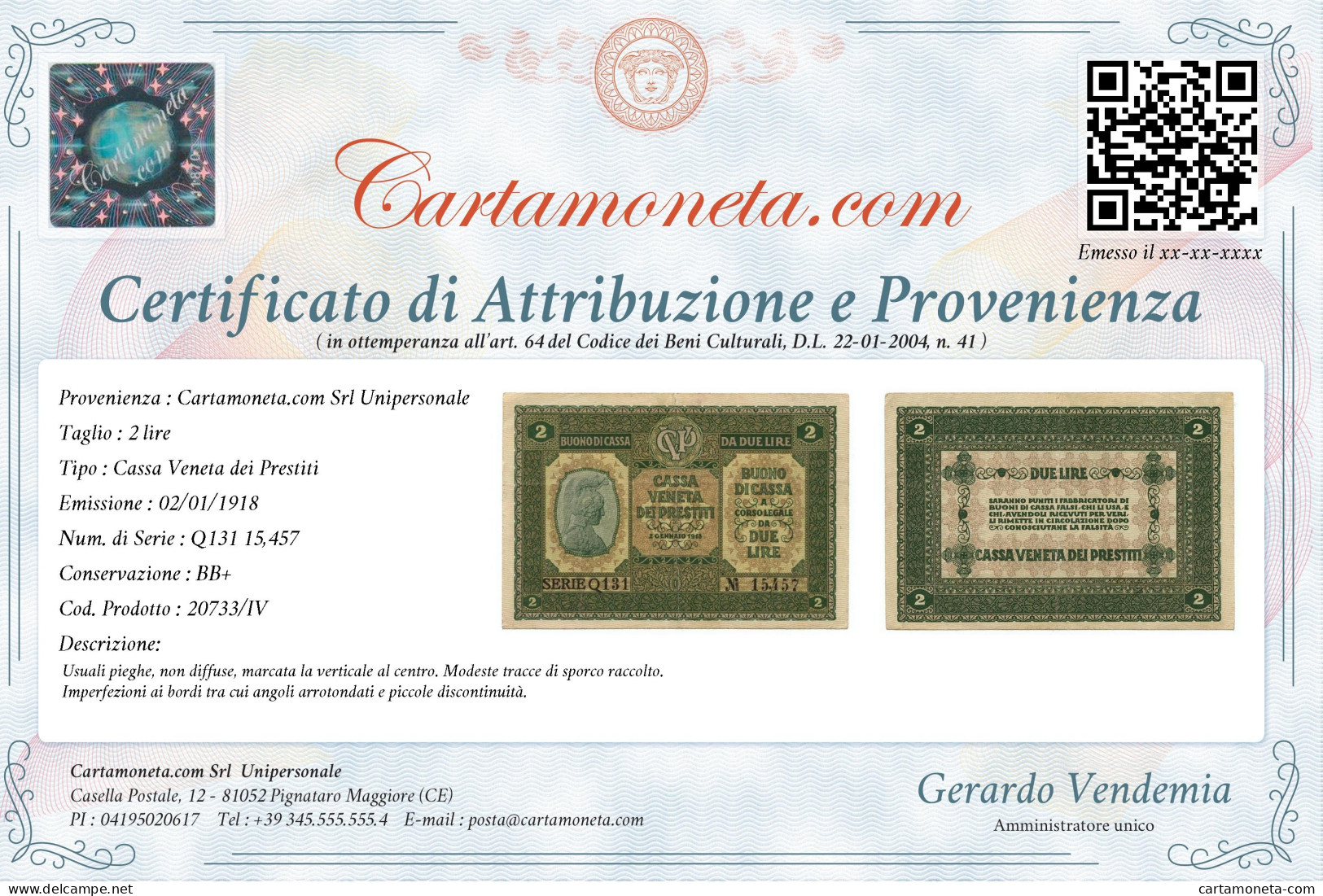 2 LIRE CASSA VENETA DEI PRESTITI OCCUPAZIONE AUSTRIACA 02/01/1918 BB+ - Occupation Autrichienne De Venezia