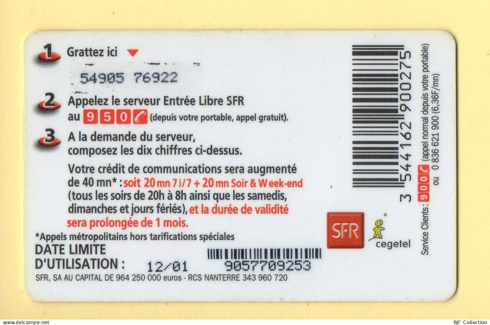 Carte Prépayée : SFR (CEGETEL) Entrée Libre / 40 Minutes - Altri & Non Classificati