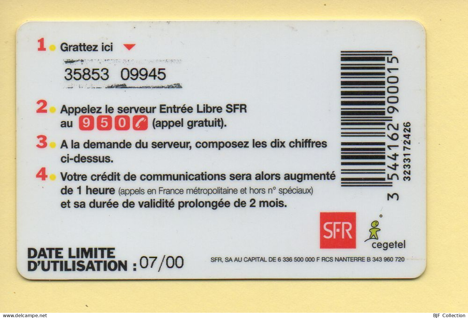 Carte Prépayée : SFR (CEGETEL) Entrée Libre / 1 Heure - Otros & Sin Clasificación