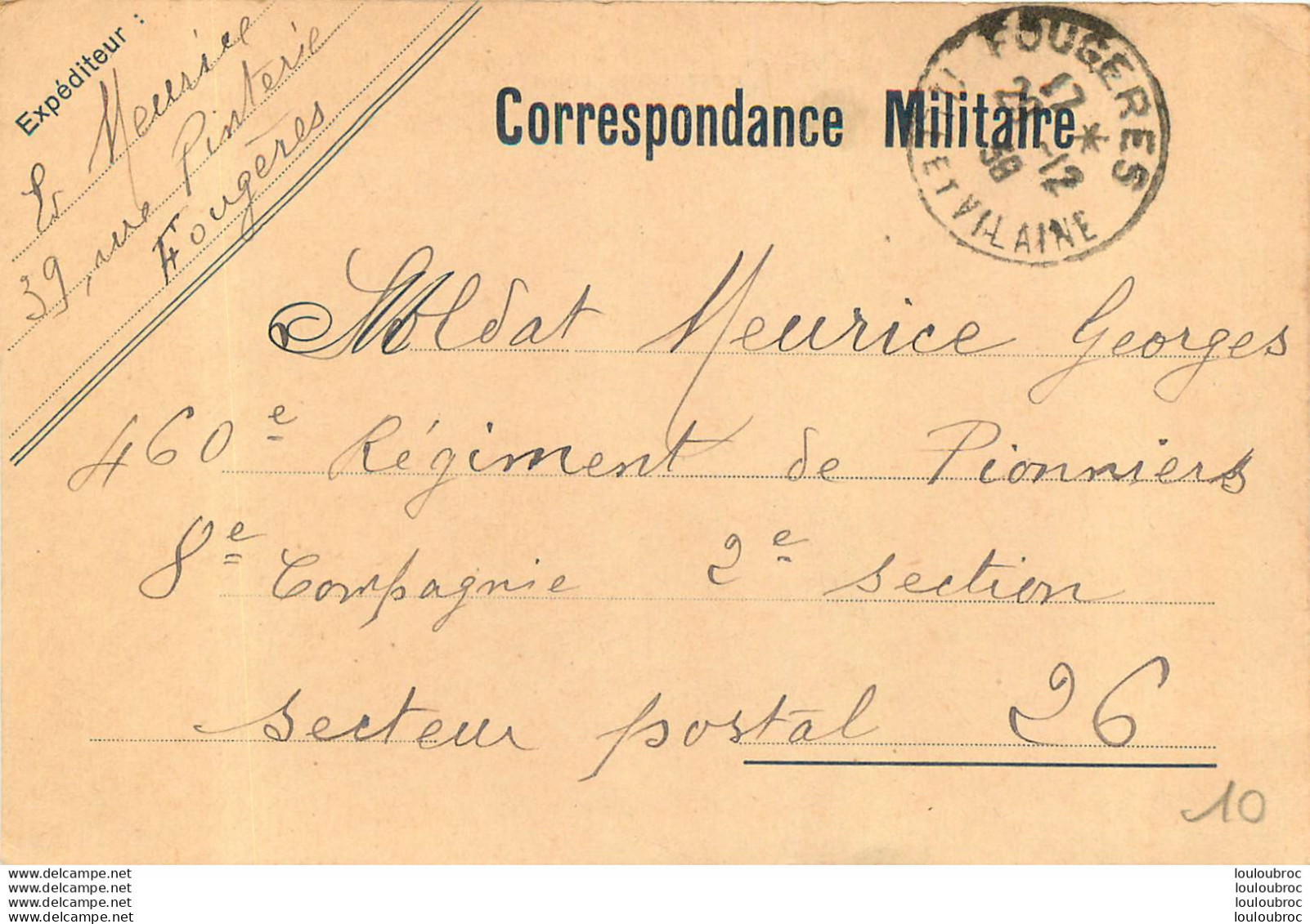 CORRESPONDANCE MILITAIRE 12/1939 POUR SOLDAT MEURICE GEORGES 460em REGIMENT DE PIONNIERS 8e COMPAGNIE  SP 26 - 1939-45