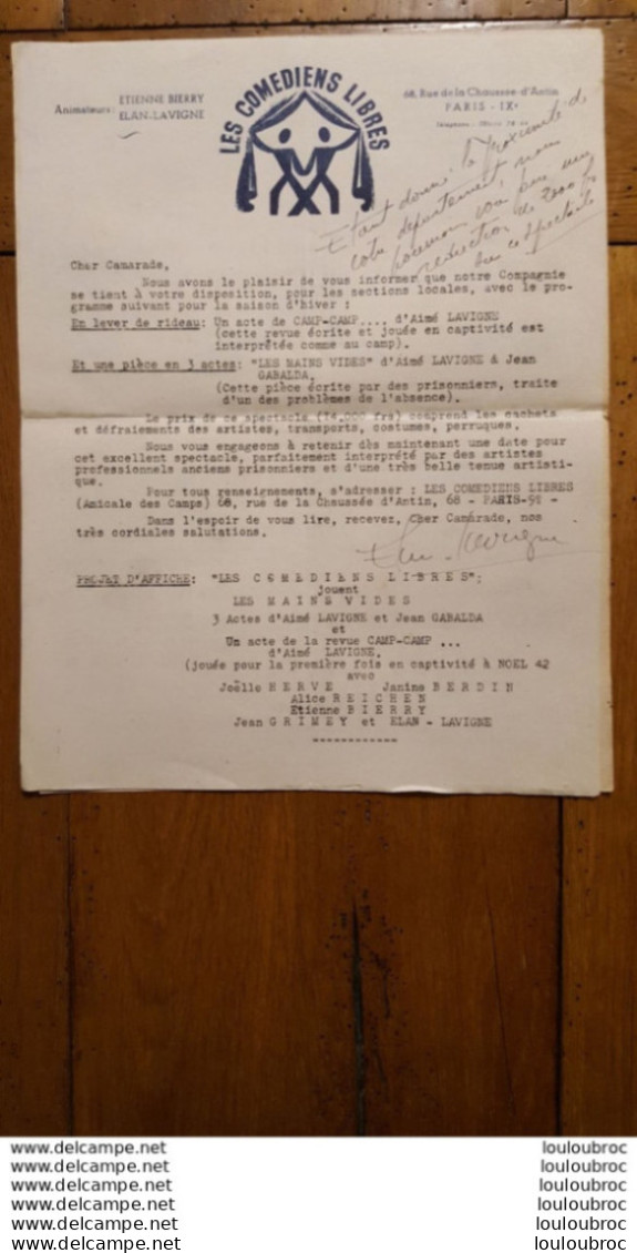 RARE DOCUMENT DE 3 PAGES LES COMEDIENS LIBRES ANCIENS PRISONNIERS DE GUERRE SPECTACLE DE 1947 EN 3 ACTES - 1939-45