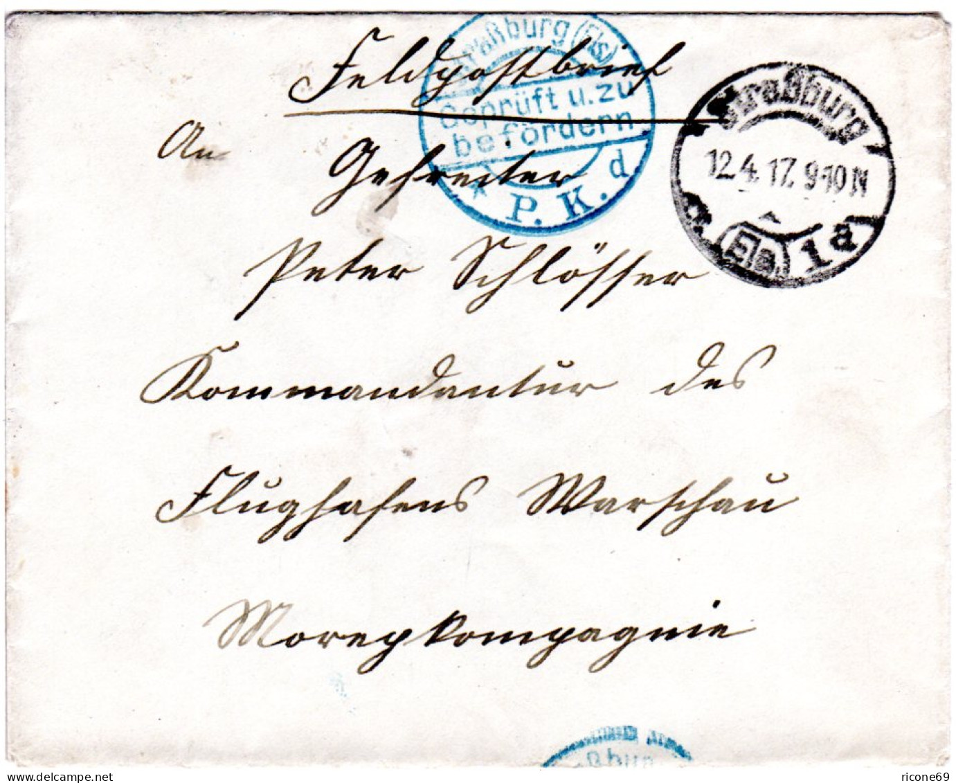 WK I 1917, Feldpost Brief V. Straßburg Elsass M. Zensur N. Warschau, Polen - Feldpost (franchigia Postale)