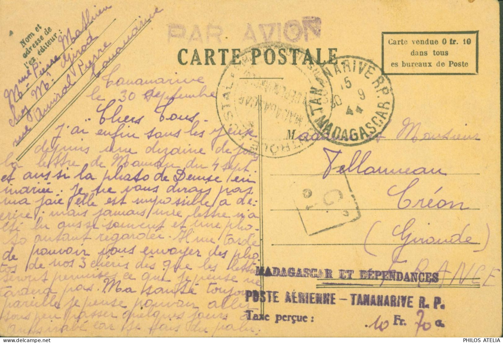 CP Par Avion Cachet Madagascar Et Dépendances Poste Aérienne Tananarive RP Taxe Perçue CAD 30 9 44 Censure - Airmail