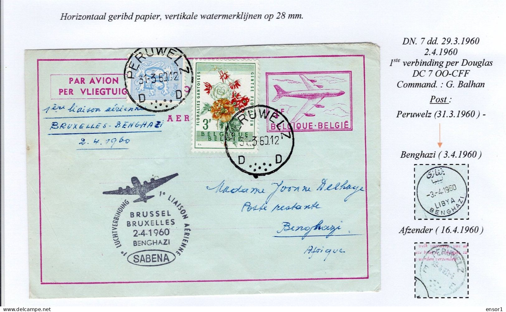 België Air Mail Aerogram Douglas DC Brussel Benghazi SABENA - Aerogramme