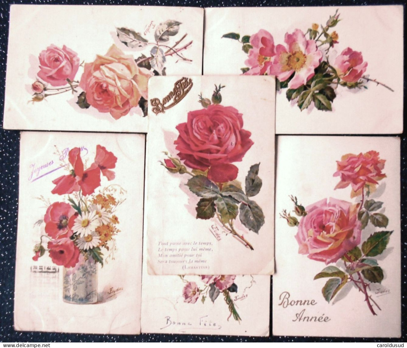 CPA Lot 6 X Litho Illustrateur EUDE  BOUQUET FLEURS FLEUR EGLANTIER BLEUET Rose VOEUX LANGAGE - Collections & Lots