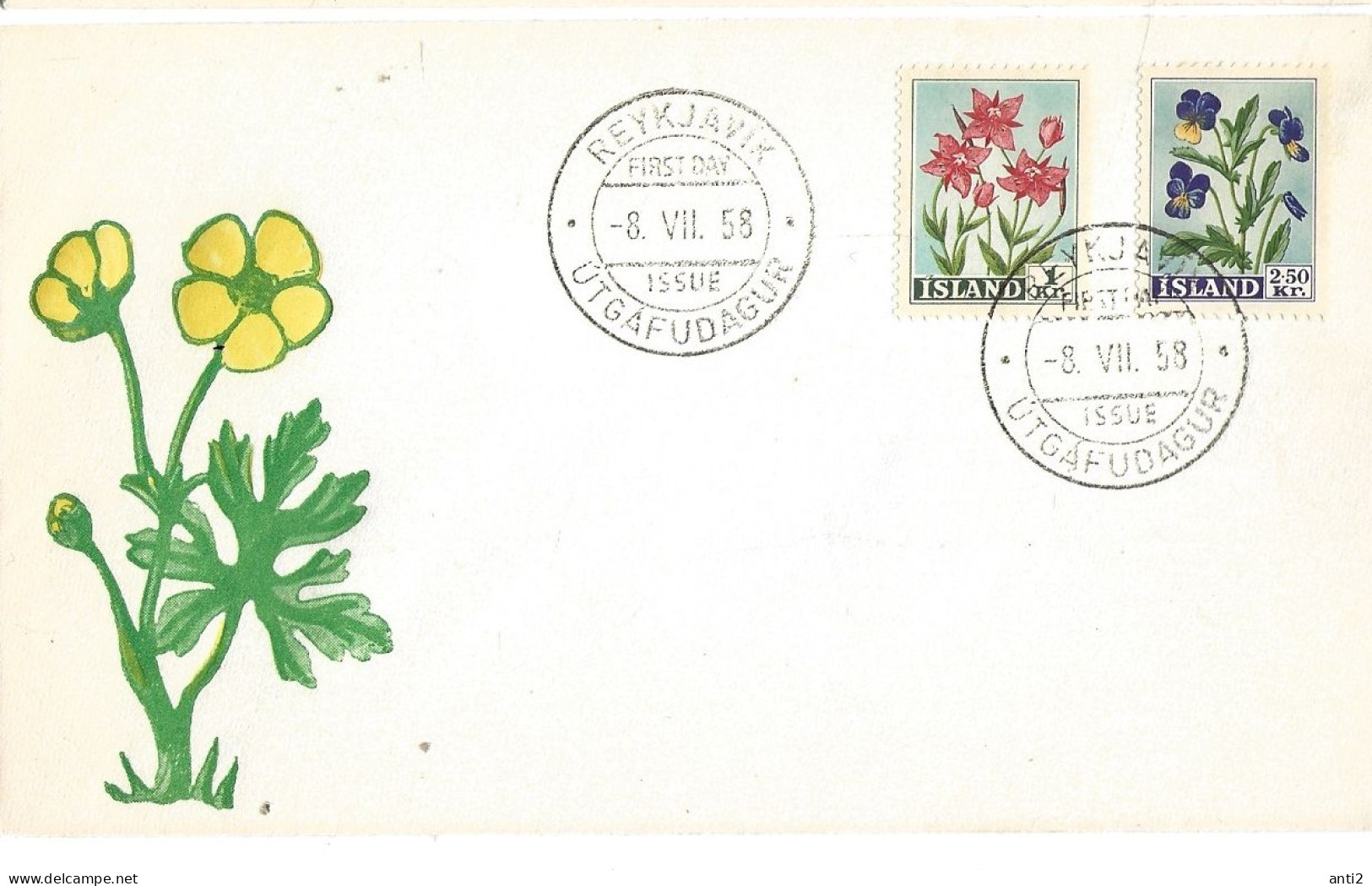 Island Iceland  1958 Flowers Glacial Fireweed (Chamaenarion Fleischeri)  And Pansy (Viola Tricolour) Mi 323-324 FDC - Covers & Documents