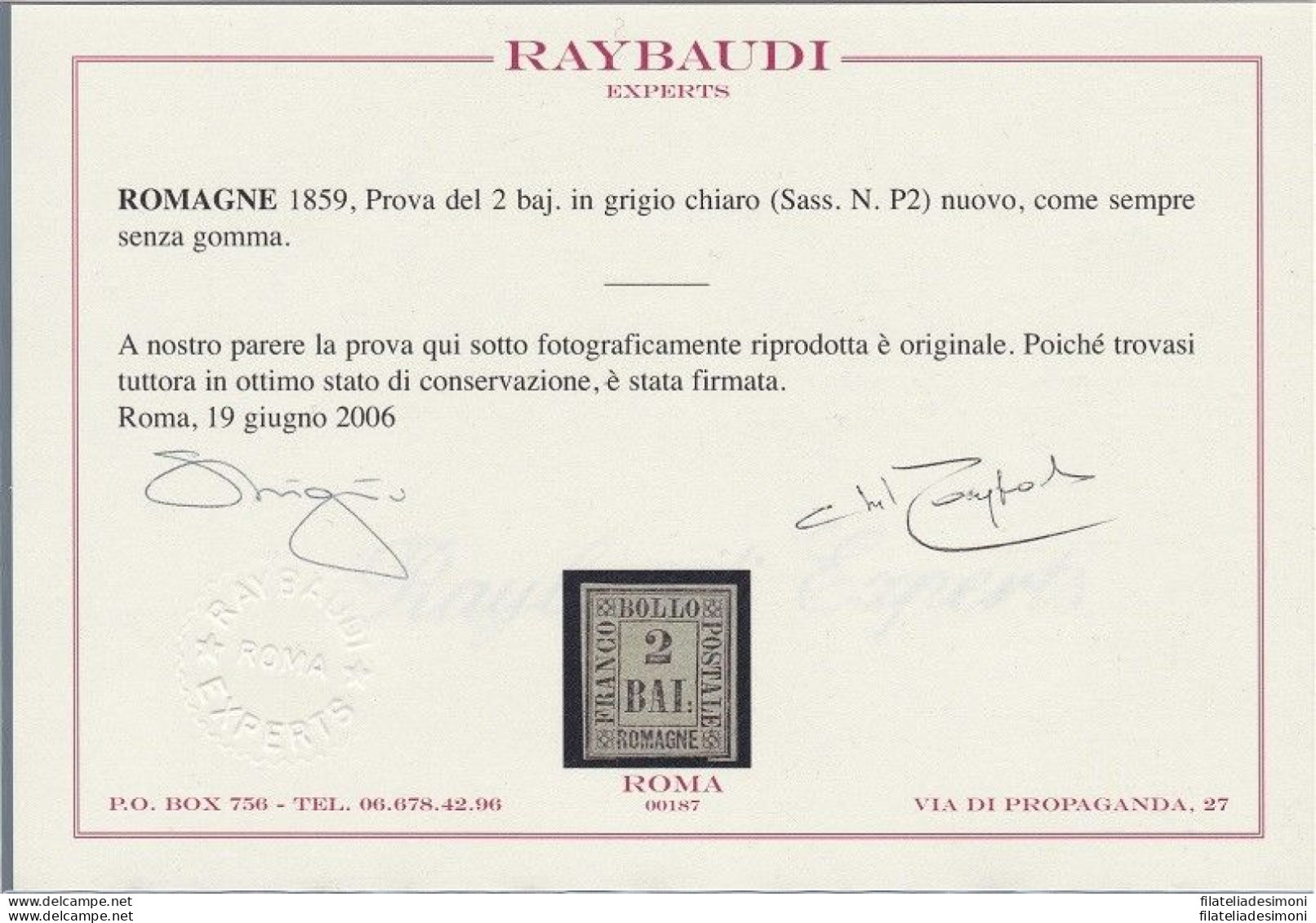 1859 Romagne, Prova Del 2 Baj (P2) EMESSO SENZA GOMMA Certificato Raybaudi - Romagna