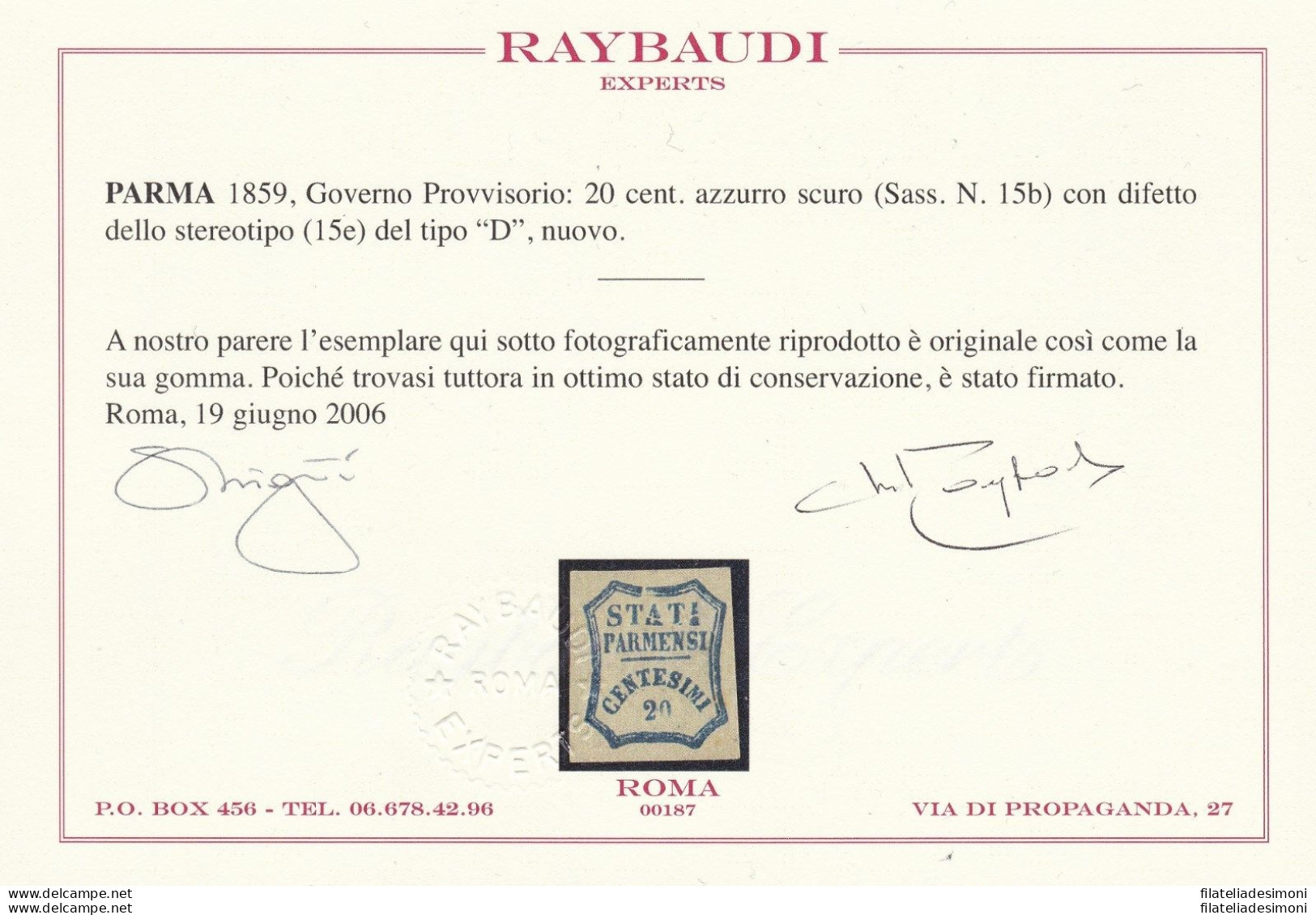 1859 Parma Governo Provvvisorio, N° 15b MLH/* Certificato Raybaudi - Parma